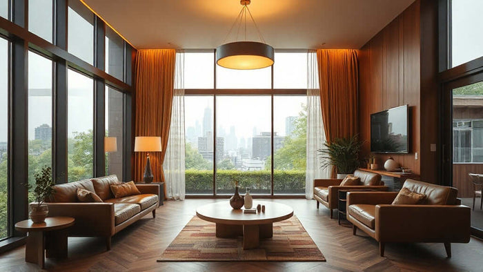 Modern living room showcasing Bauhaus Lighting for 2026: Creating Warmer, More Emotional Interiors with large windows and elegant decor.