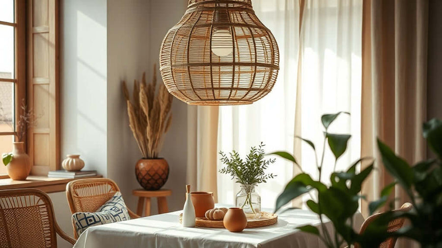 Rattan Pendant Lights: 2026 Trends for Architects Designing Summer Interiors in a sunlit dining room with natural elements.