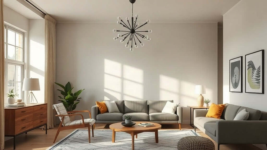 Stylish living room showcasing Mid Century Modern Lighting Trends 2026: Transform Your Home This Autumn with a statement chandelier.
