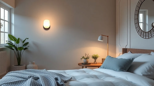 Bedroom interior featuring a rechargeable wall light, highlighting specification-led design freedom for architects.