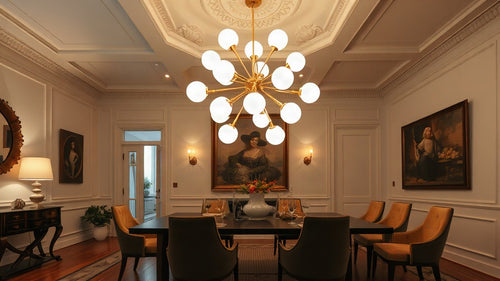 Elegant dining room with a Sputnik chandelier, showcasing 'Sputnik Chandeliers: Why Designers Are Returning to Space Age Lighting in 2026'.