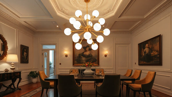 Elegant dining room with a Sputnik chandelier, showcasing 'Sputnik Chandeliers: Why Designers Are Returning to Space Age Lighting in 2026'.