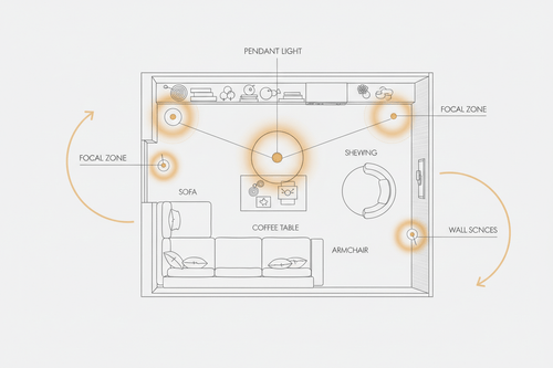 Diagram illustrating how to create a focal point with lighting in a living room layout.