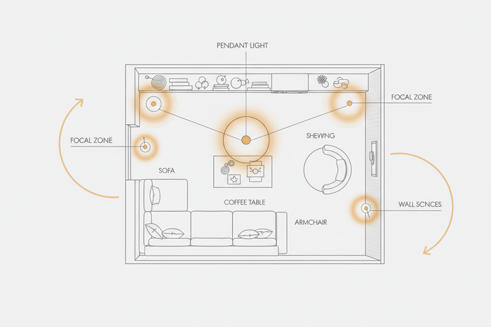 Diagram illustrating how to create a focal point with lighting in a living room layout.
