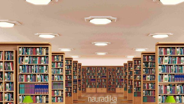 Library interior design showcasing modern lighting, related to What is Alvar Alto's contribution to the world of interior design?
