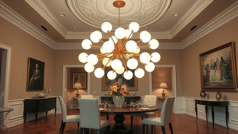 Elegant dining room featuring a Sputnik chandelier, highlighting timeless space age lighting that fits the focus keyword: Sputnik Chandeliers Still Reign: Why Designers Dismiss Trends But Specify Timeless Space Age Lighting.