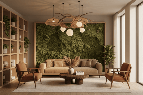 Nature-Inspired Lighting: Biophilic Home Design in a cozy living room with greenery and modern lighting fixtures.