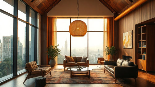 Modern living room featuring a wabi sabi pendant light enhancing the summer home decor, with large windows and city view.