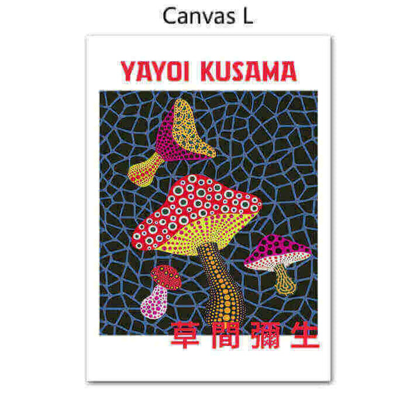 Yayoi Kusama Abstract Premium Posters featuring colorful mushroom patterns on a blue grid background.