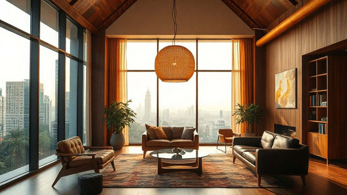 Modern living room featuring a wabi sabi pendant light enhancing the summer home decor, with large windows and city view.
