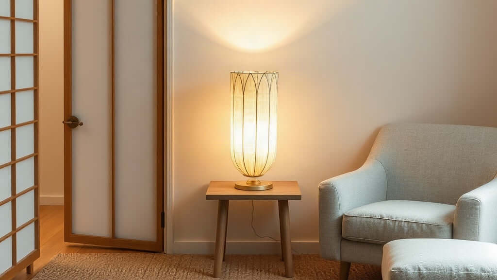 Japanese Rice Paper Lamps: Embracing Wabi-Sabi in Your Autumn Home with cozy warm lighting in a minimalist style living room.