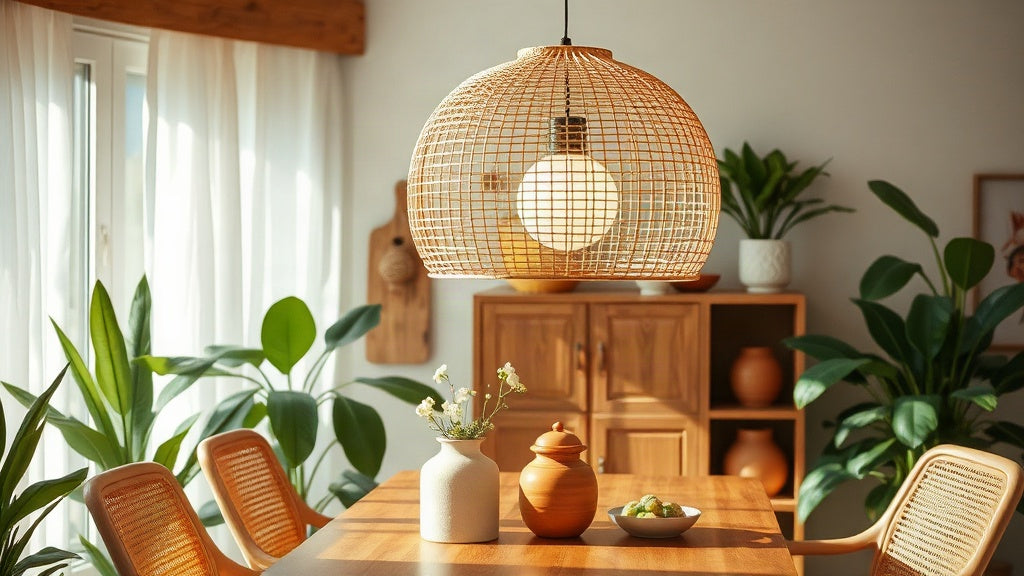 Rattan Pendant Lights: The 2026 Trend for Warm, Natural Home Spaces featuring a light fixture in a cozy dining room.