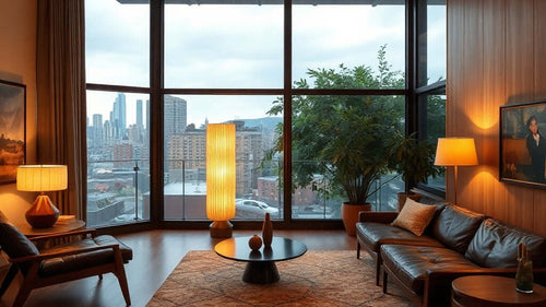 Modern living room with Rice Paper Table Lamps: Soft Light for Summer Renovations, city view, and comfortable seating.