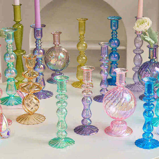 Glass Candle Holders - Handmade Colourful Vintage collection displayed elegantly on a table.