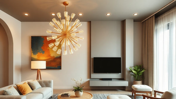 Mid Century Modern Lighting Trends 2026: Bold Designs for Brighter Homes featuring a geometric chandelier in a living room setting