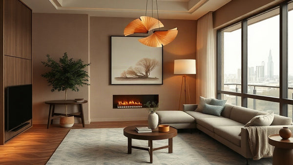 Modern living room with Organic Forms in Lighting Design: The Ginkgo Leaf Trend Reshaping Hospitality Spaces in 2026 chandelier.
