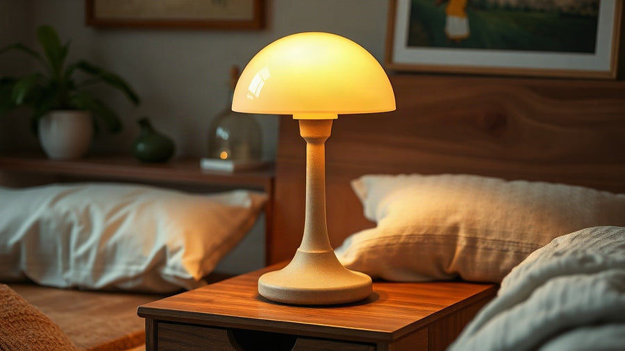Mushroom Lamps Are Back: Cosy Autumn Lighting for Modern Homes featuring a warm table lamp on a wooden bedside table in a cozy bedroom