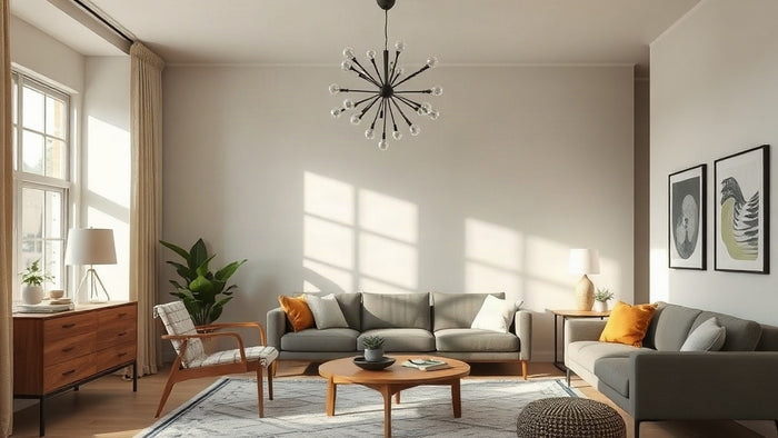 Stylish living room showcasing Mid Century Modern Lighting Trends 2026: Transform Your Home This Autumn with a statement chandelier.