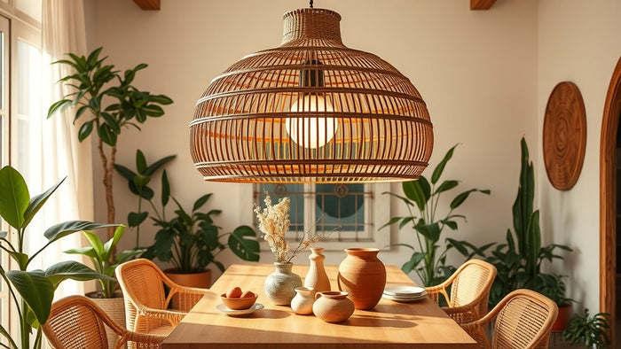 Dining room with Rattan Pendant Lights: The Natural Lighting Trend Taking Over in 2026, featuring modern rattan decor and greenery.