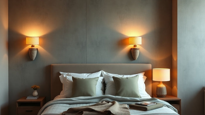 Modern bedroom featuring Travertine Wall Lamps: The 2026 Trend Elevating Summer Interiors with warm light and earthy tones