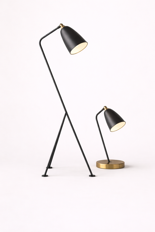 Elegant black and gold Floor & Table Lamps set against a white background, showcasing modern design and harmonious lighting solutions.