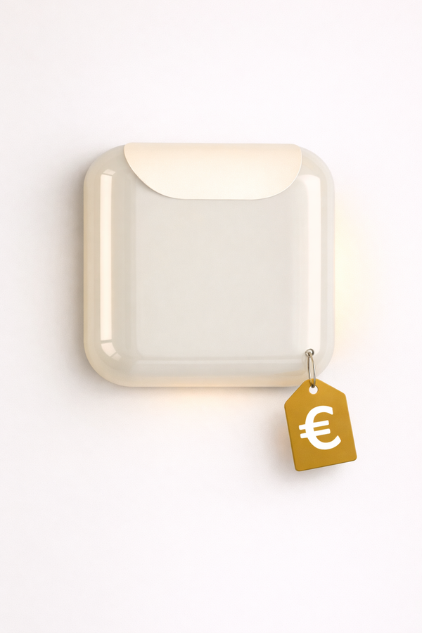 Price Drop! euro sign tag hanging from glossy white wall switch.
