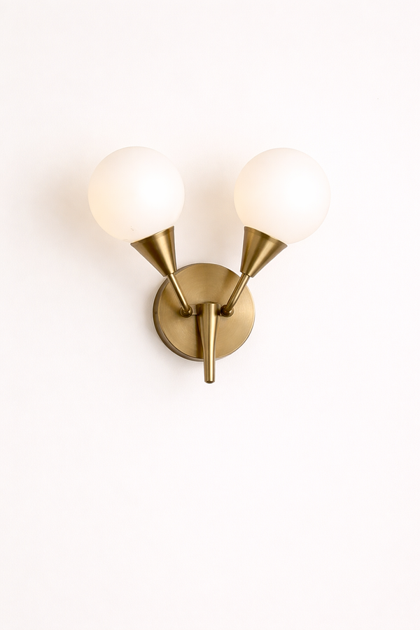 Contemporary brass Wall Light Fixtures with dual white glass globes for modern home decor.