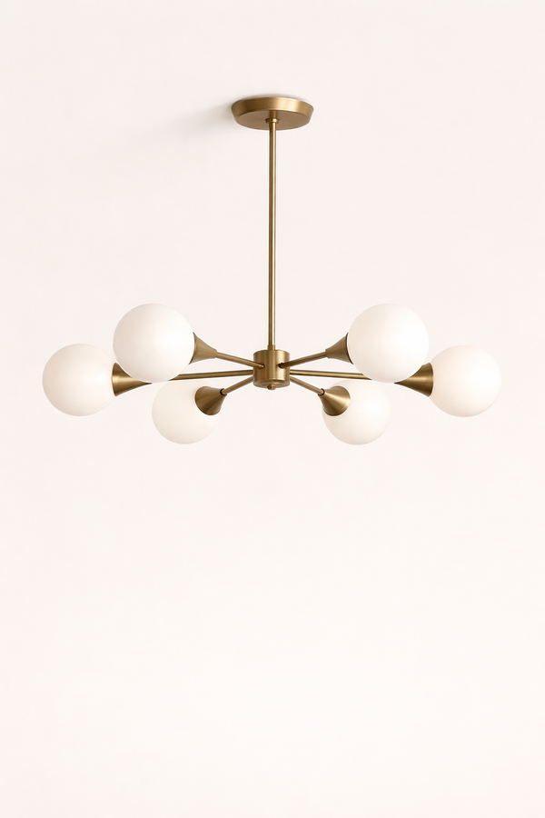 Modern brass Ceiling Light Fixtures with white globe bulbs, ideal for stylish interior decor and elegant lighting solutions.