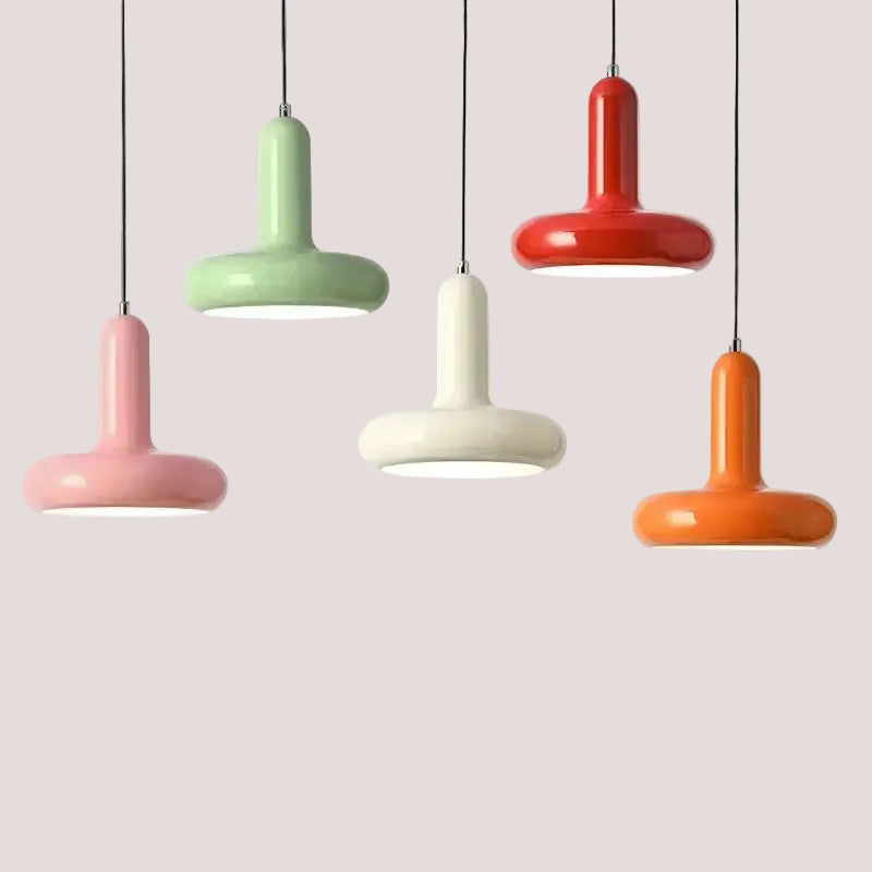 60s Scandinavian Style Kitchen Pendant Lamp in various colors including pink, green, cream, red, and orange.