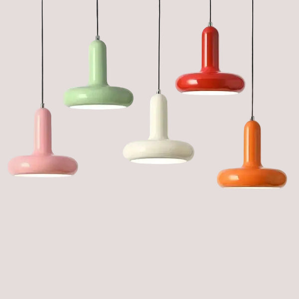 60s Scandinavian Style Kitchen Pendant Lamp in various colors including pink, green, cream, red, and orange.