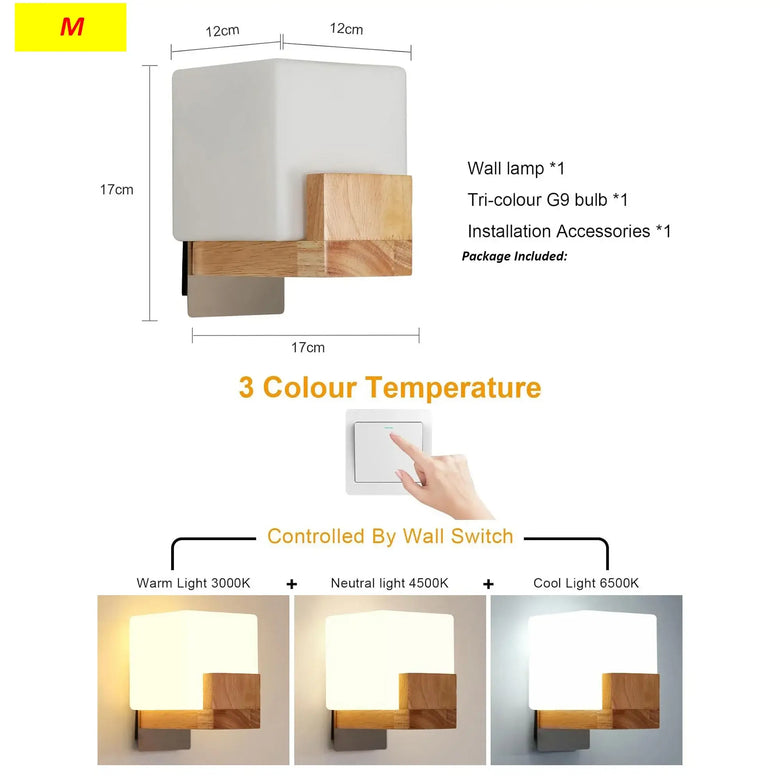 Wooden Cube Wall Light – Nordic Minimalist, Frosted Glass