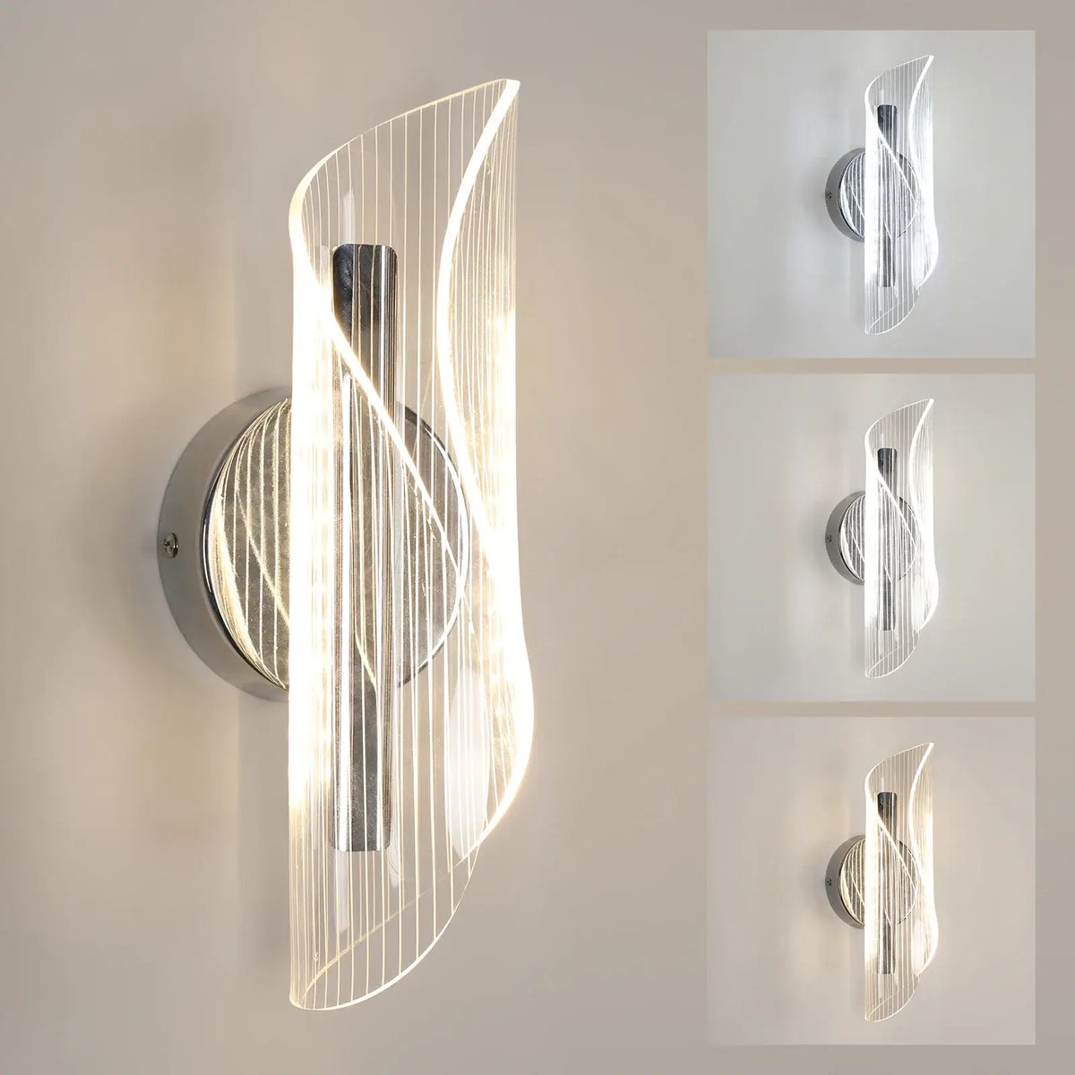 Chrome ribbon LED wall light with a twisting clear acrylic shade and polished chrome stem, lit against a warm beige wall