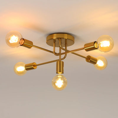 Hero Modern Gold 5-Light Sputnik Ceiling Light with a gold brass finish and five exposed filament light bulbs, shown illuminated against a neutral ceiling background.