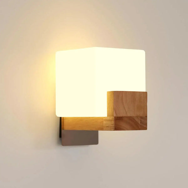 Nordic Minimalist Wooden Cube Wall Light – Frosted Glass