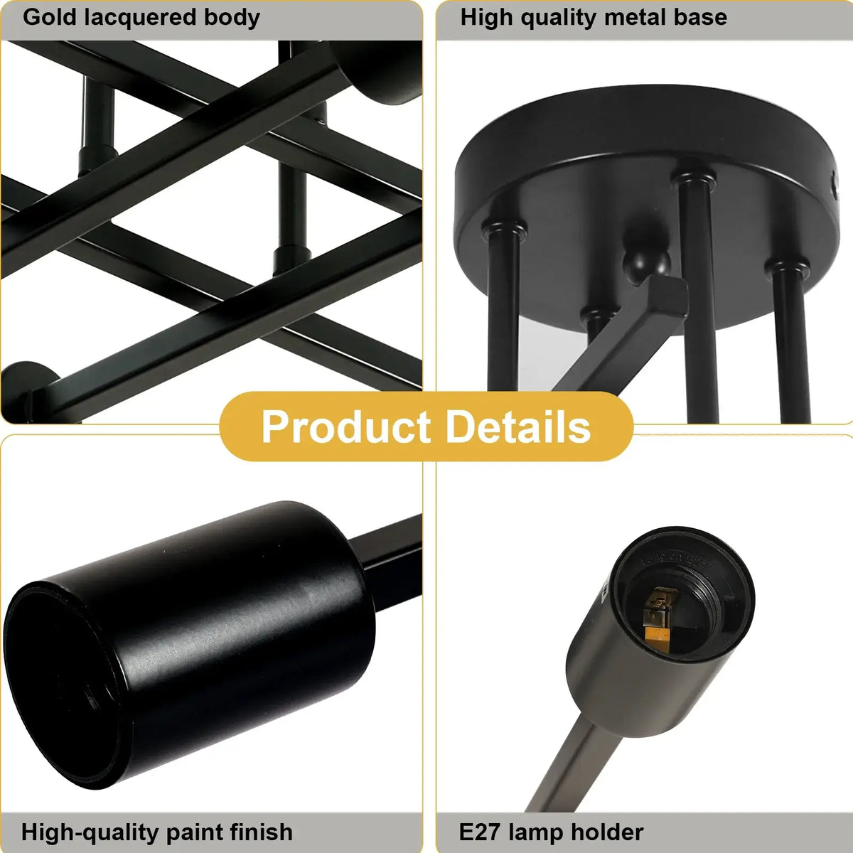 Product details of the black and gold sputnik ceiling light: metal frame, finish and lamp holder