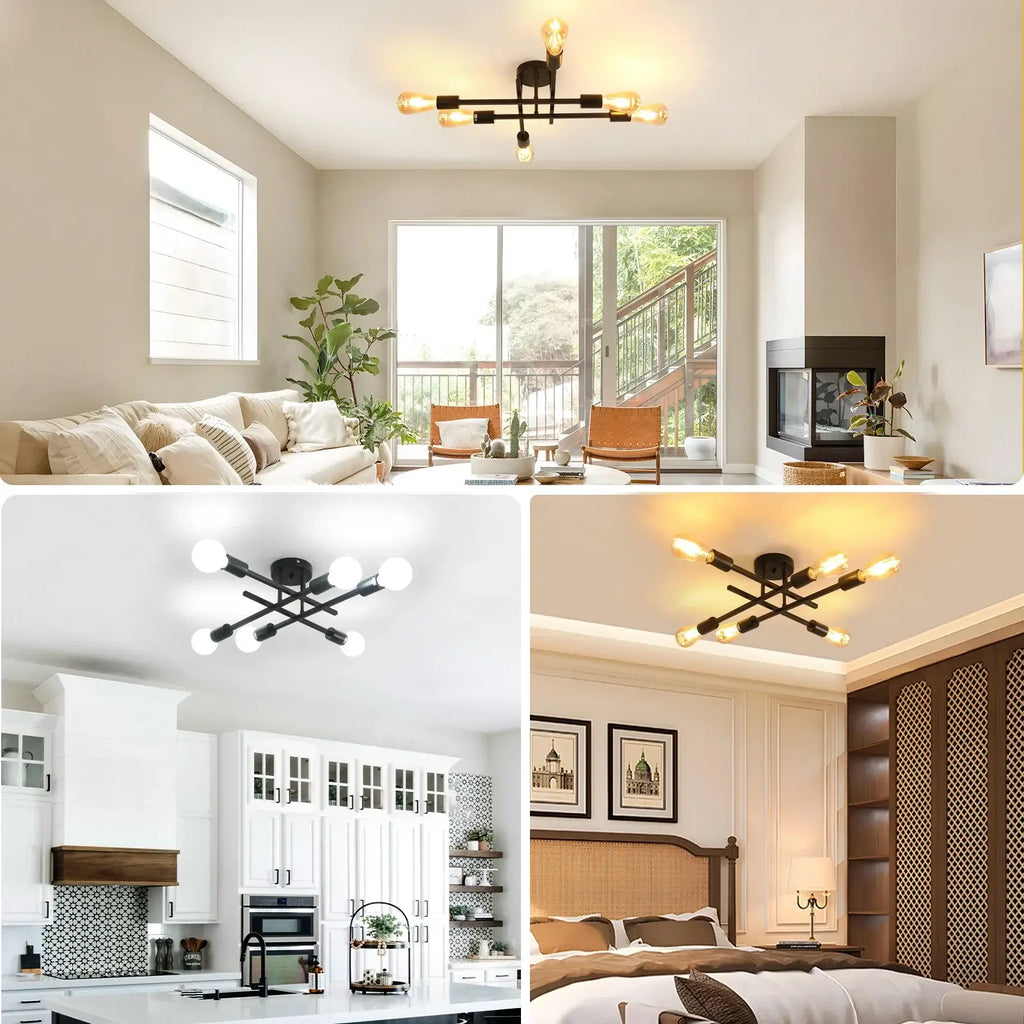 Plafonnier spoutnik à 4 lumières – Style moderne du milieu du siècle, noir ou doré
