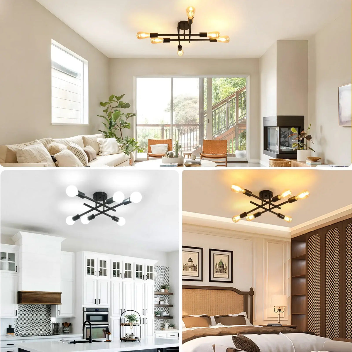Plafonnier spoutnik à 4 lumières – Style moderne du milieu du siècle, noir ou doré