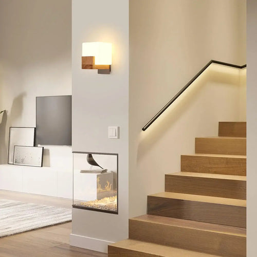 Wooden Cube Wall Light – Nordic Minimalist, Frosted Glass