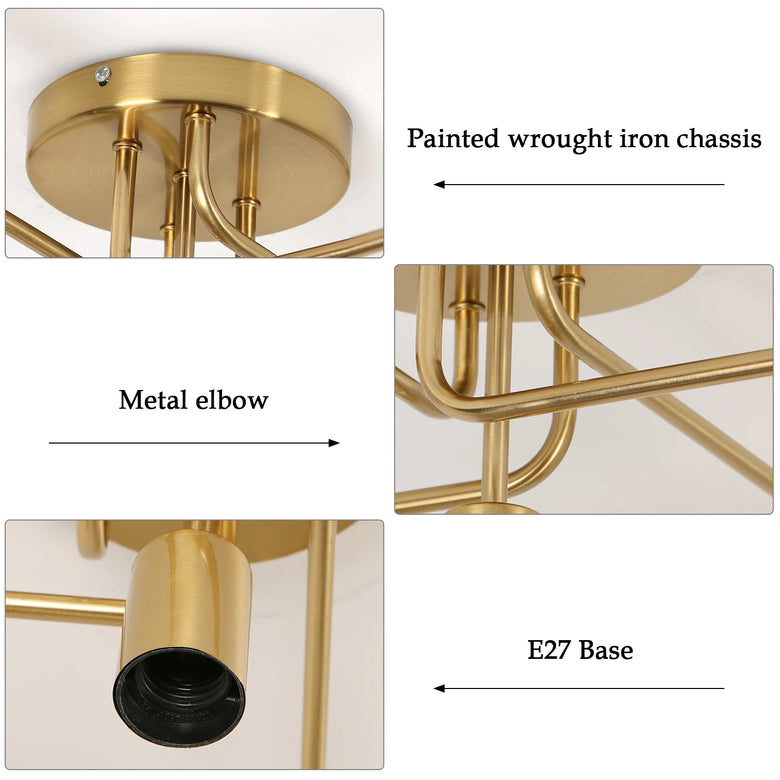 Gold 5-Light Sputnik Ceiling Light with labeled parts on a white background