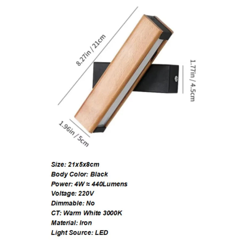 A wall-mounted LED light fixture with a wood-grain finish and black mounting bracket, shown with dimension lines and text listing size, color, power, voltage, dimmability, material, and light source on a white background.