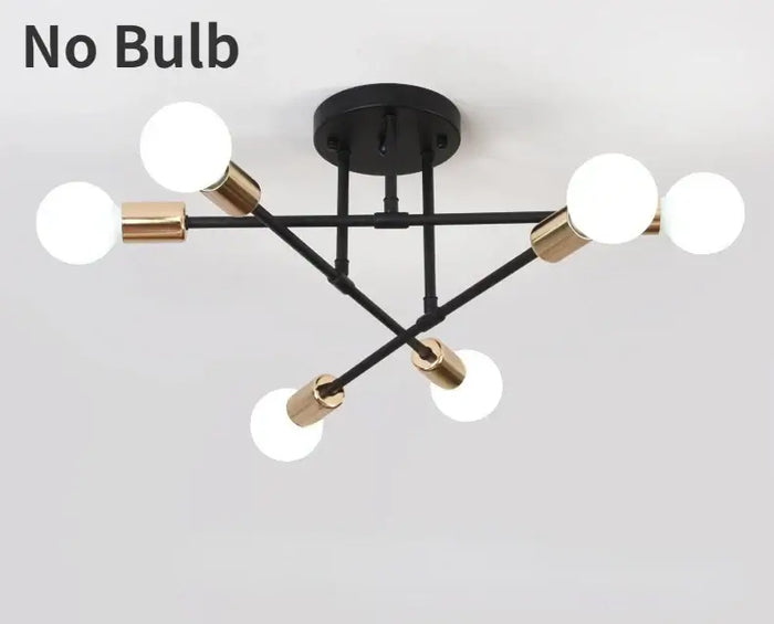 Mad Men Inspired Ceiling Lights with black metal frame and six globe fixtures, perfect for mid-century modern decor.