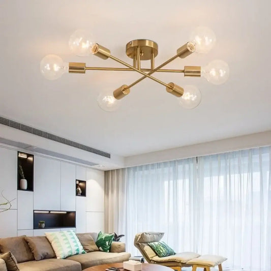 Mad Men Inspired Ceiling Lights hanging in a stylish mid-century modern living room.