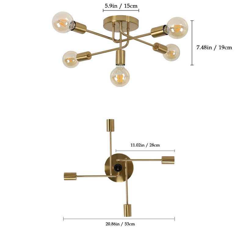 Gold 5-Light Sputnik Ceiling Light with measurements on a white background