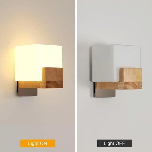 Wooden Cube Wall Light – Nordic Minimalist, Frosted Glass