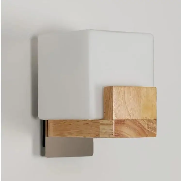 Nordic Minimalist Wooden Cube Wall Light – Frosted Glass