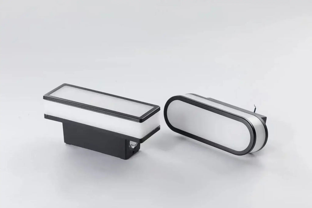 Aluminum Outdoor Modern Nordic Dimmable Wall Lamp in two designs showcasing sleek, modern style and functionality.