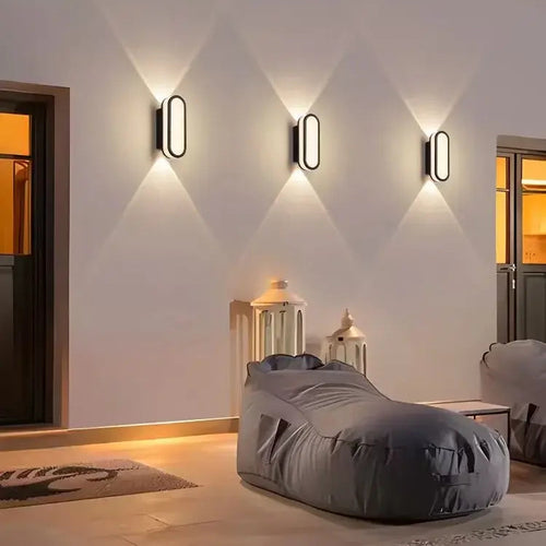 Aluminum Outdoor Modern Nordic Dimmable Wall Lamp illuminated in a stylish indoor space, enhancing ambiance.
