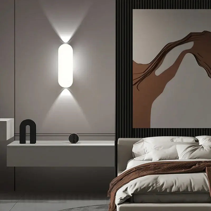 Aluminum Outdoor Modern Nordic Dimmable Wall Lamp illuminating a contemporary bedroom with elegant decor.