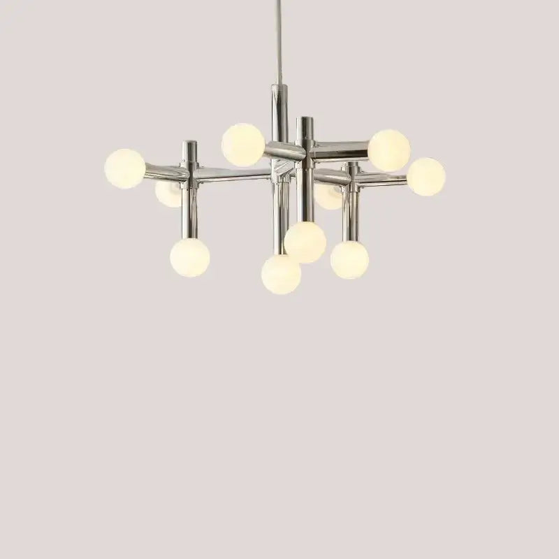 Bauhaus Chrome Chandelier – Modern 10/13 Globe Pendant Light with polished chrome arms and glass spheres.