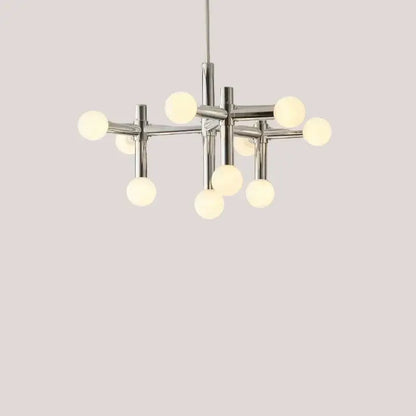 Bauhaus Chrome Chandelier – Modern 10/13 Globe Pendant Light with polished chrome arms and glass spheres.